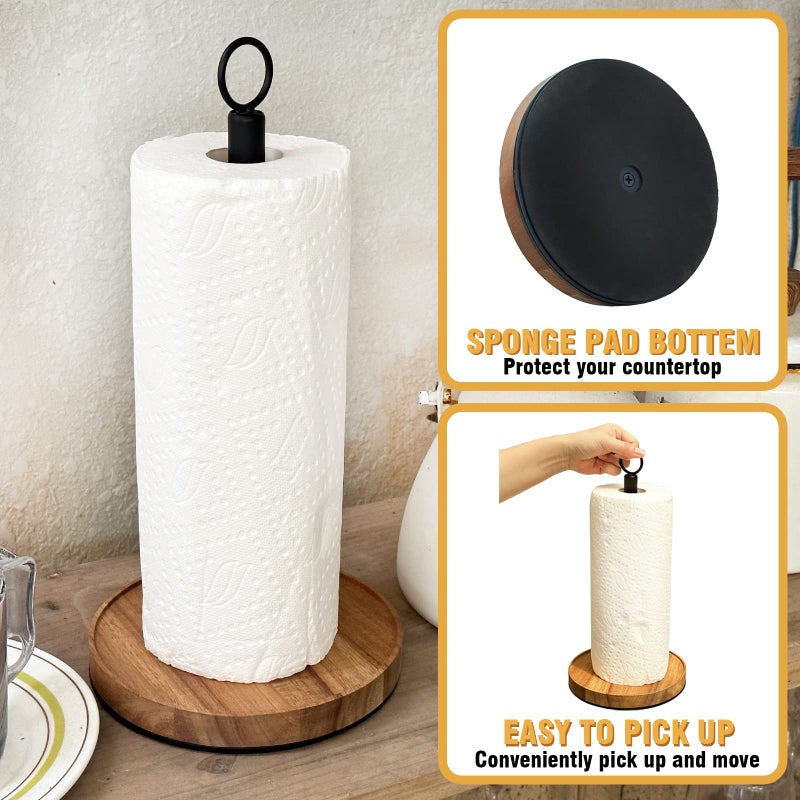 Wildmos Paper Towel Holder Countertop Solid Acacia Wood With Thick Metal Base Black Paper Towel Holder For Farmhouse Kitchen Wooden Paper Towel Holder Stand. - Image 3