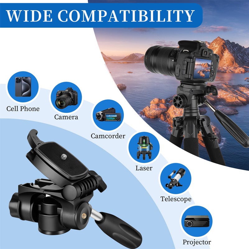Portable Camera Tripod: 188CM Premium Aluminum Alloy, 5KG Max Load, 360° Panoramic Head - Low Angle Shooting Capability, Anti-Drop Clip Design for DSLR, Action Camera, Camcorder, Phone - Image 3