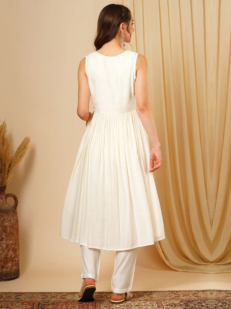 globus Women Floral Embroidered Pleated Thread Work A-Line Kurta With Trousers