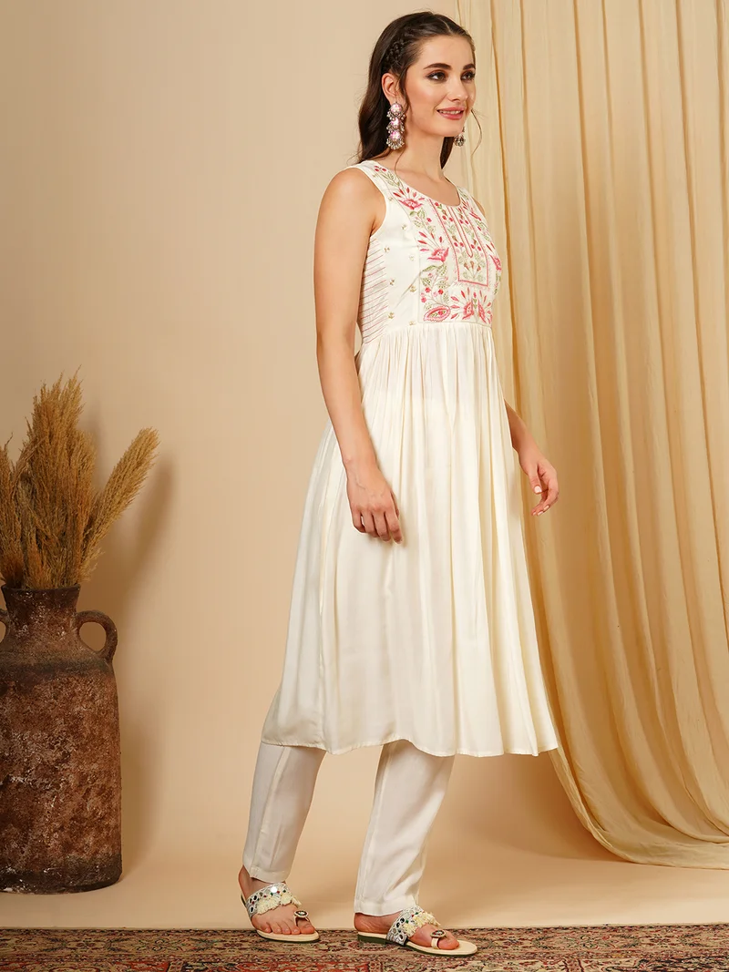 globus Women Floral Embroidered Pleated Thread Work A-Line Kurta With Trousers