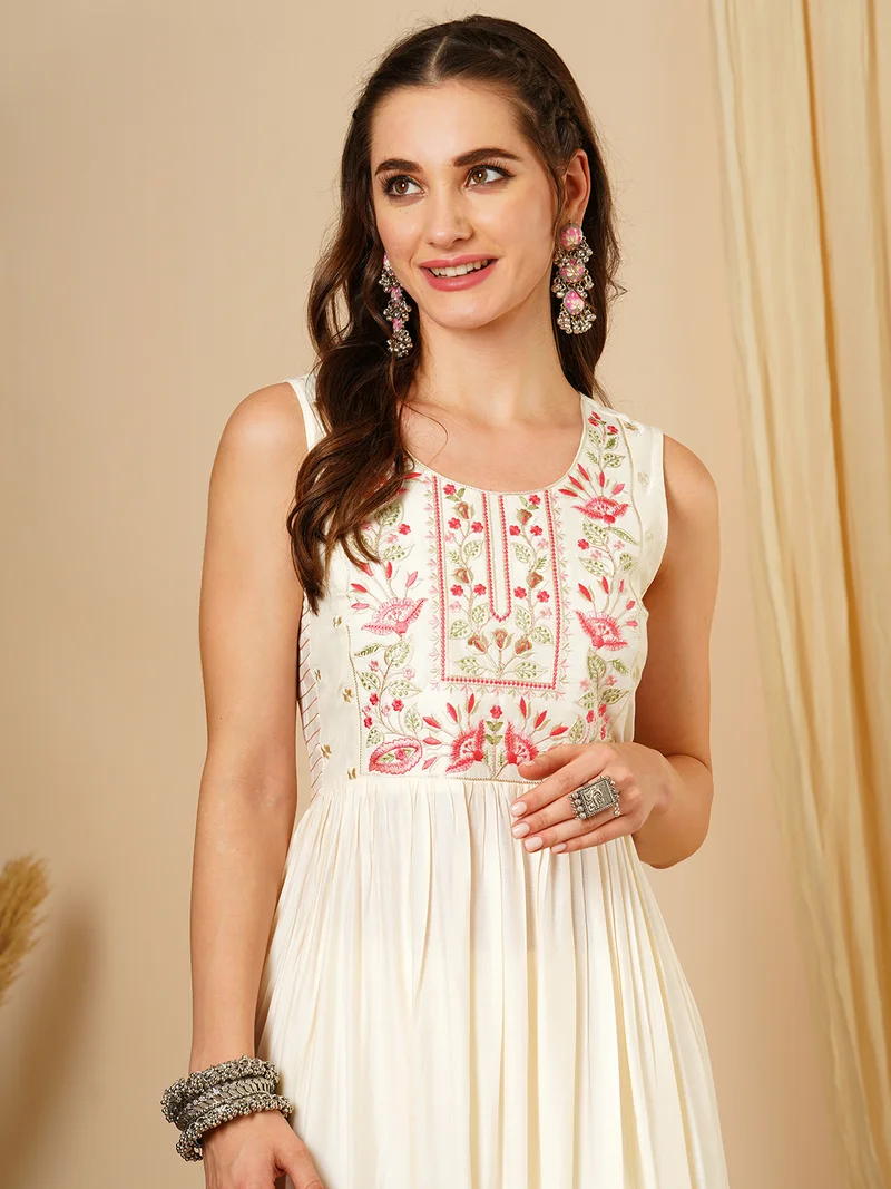 globus Women Floral Embroidered Pleated Thread Work A-Line Kurta With Trousers