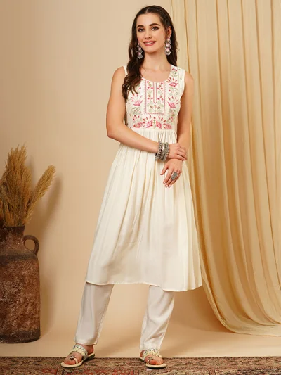 globus Women Floral Embroidered Pleated Thread Work A-Line Kurta With Trousers