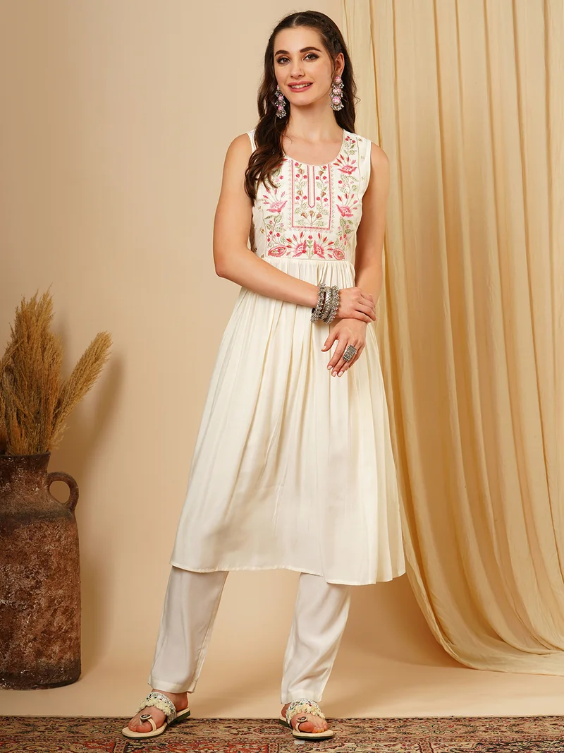 globus Women Floral Embroidered Pleated Thread Work A-Line Kurta With Trousers