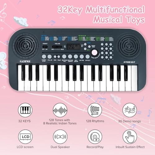 Kadence K-Tone Mini Pink Keyboard – 32 Keys, 128 Tones including 15 Realistic Voices & 8 Indian Instruments, 128 Rhythms, 30 Demo Songs, Kids Beginner Keyboard with power adapter (Without Adaptor) - Image 2