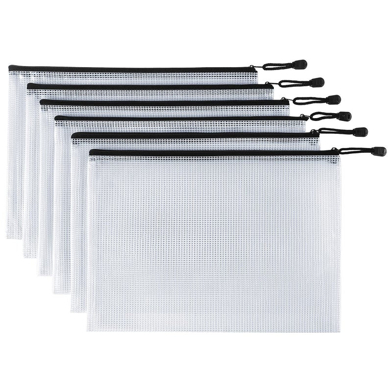 Hutou 6 Pack Mesh Zipper Pouch Document Bag Waterproof Zip File Folders for School Office Supplies Travel Storage Bags (White) - Image 1