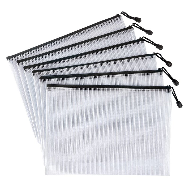 Hutou 6 Pack Mesh Zipper Pouch Document Bag Waterproof Zip File Folders for School Office Supplies Travel Storage Bags (White) - Image 2