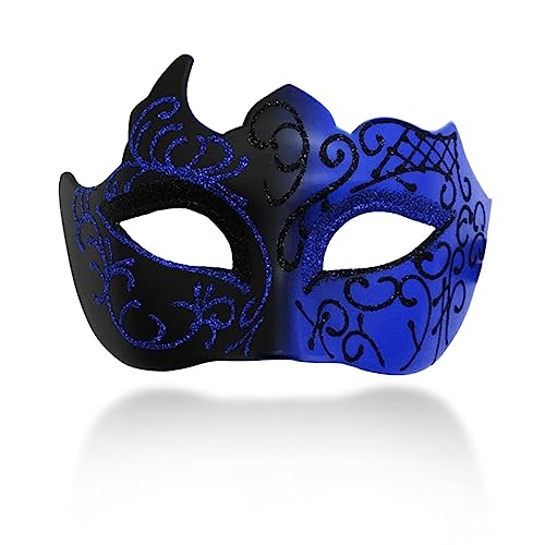 Ralleyfun Men Masquerade Mask Couple Venetian Mask for Party Halloween Costume Carnival (Black+Blue) - Image 1