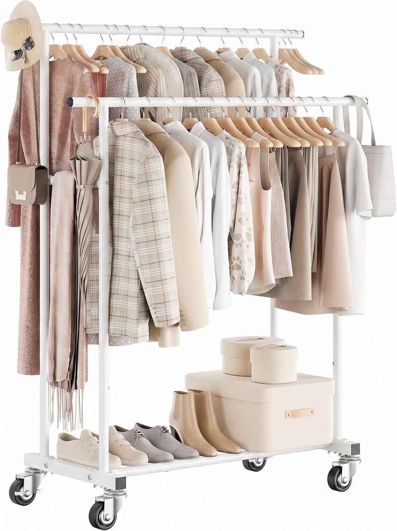 Calmootey Double Rod Clothing Garment Rack,Rolling Hanging Clothes Rack,Portable Clothes Organizer for Bedroom,Living Room,Clothing Store,White - Image 2