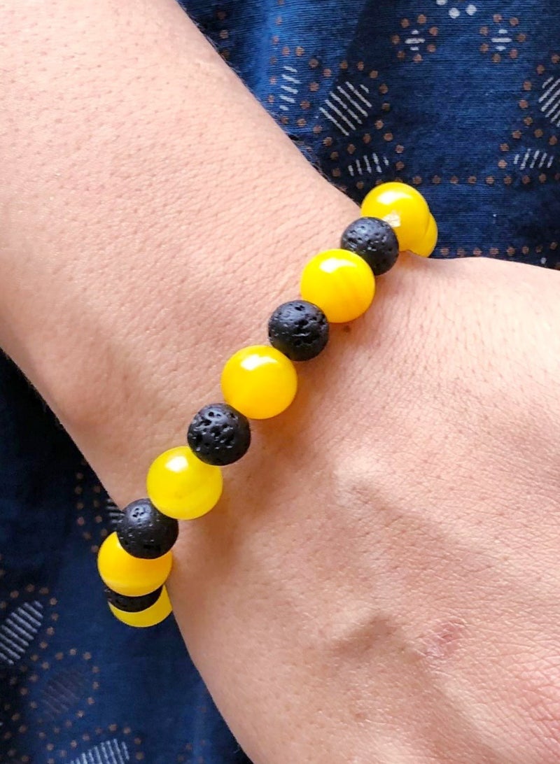 HADIGEMS Yellow Akik and LavaRock Beads Strech Bracelet - Image 1