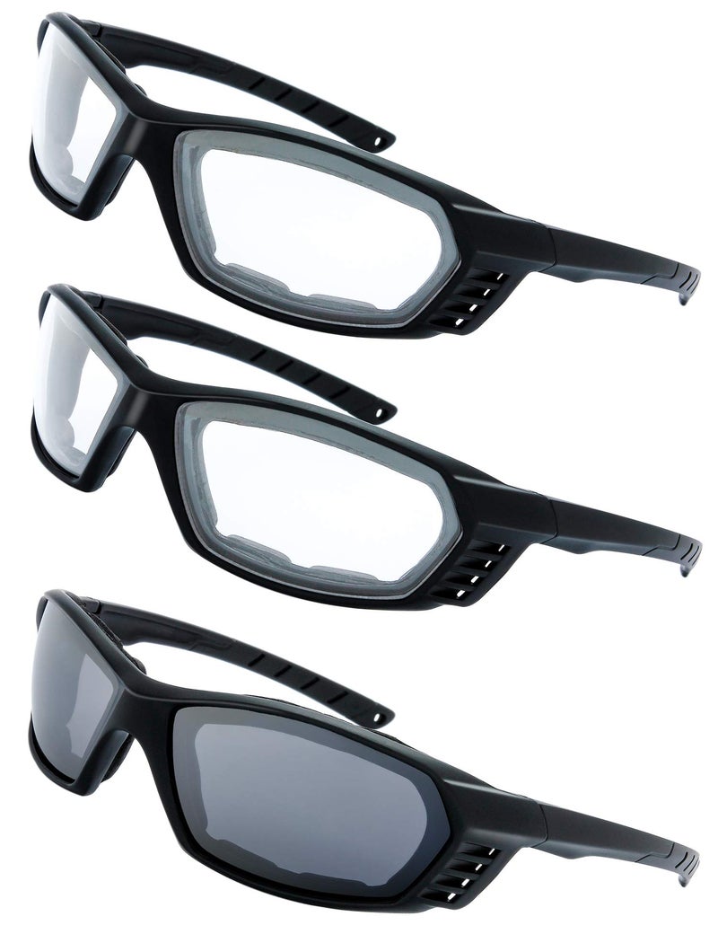 The Fresh Motorcycle Riding Glasses Padded Frame Lens Block 100 UVB for Outdoor Activity Sport 20Black Clear2 Grey