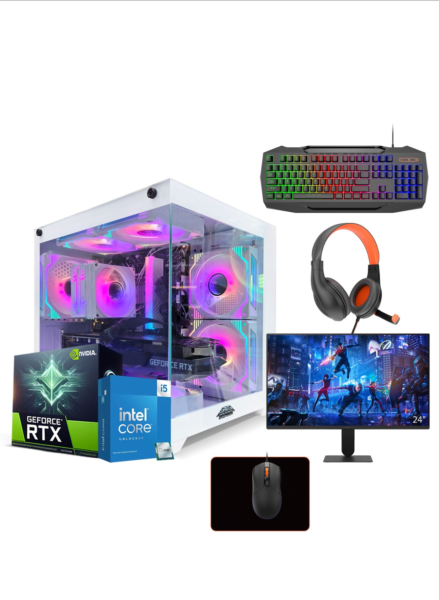 NOVA All In One Bundle Gaming PC, Intel Core i5-12400F Processor/ NVIDIA RTX 3050 8GB GPU/ 16GB RAM/ 1TB SSD/ 24" FHD Monitor/ Keyboard, Mouse & Headphone Set /Built-in WiFi/ Windows 11 Pro / RGB Gaming Case White