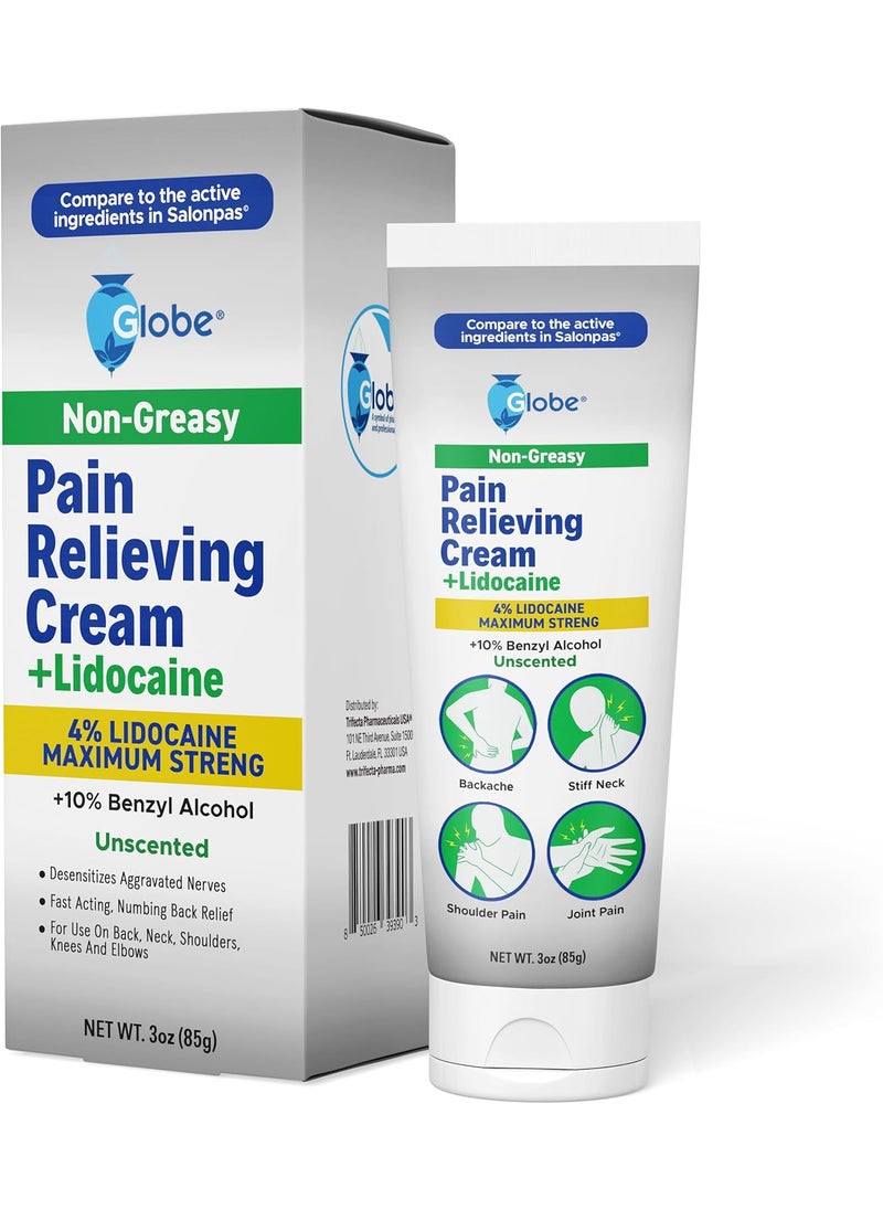Globe Globe Pain Relieving Cream Plus 4% Lidocaine, Maximum Strength Numbing Relief, Fast Acting Topical Therapy for Muscle Aches, Joint Pain, Backache, Neck Pain, Soreness, Sprains & Spasms, Unscented, 3oz 