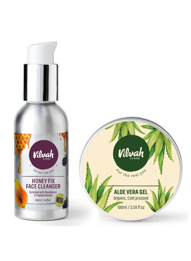 Vilvah Store Anti-Acne Combo, Aloe Vera Gel 100ml + Honey Facewash 100ml (Hone Fix) Fights Effectively Against Acne and Reduce Dark Spots - - Image 1