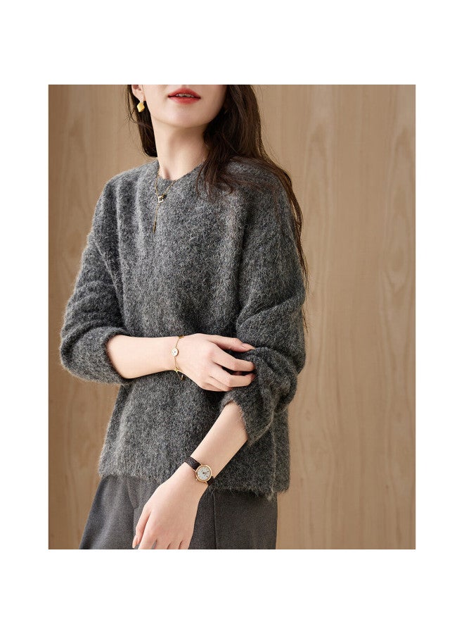 dme Demana Luxury Alpaca Wool Blend Winter Lazy Style Long Hair Crew Neck Soft Elegant Knit Sweater For Women - Image 3
