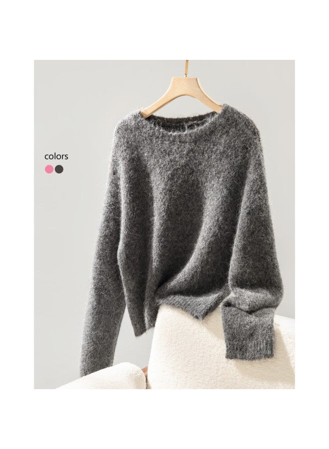 dme Demana Luxury Alpaca Wool Blend Winter Lazy Style Long Hair Crew Neck Soft Elegant Knit Sweater For Women - Image 5