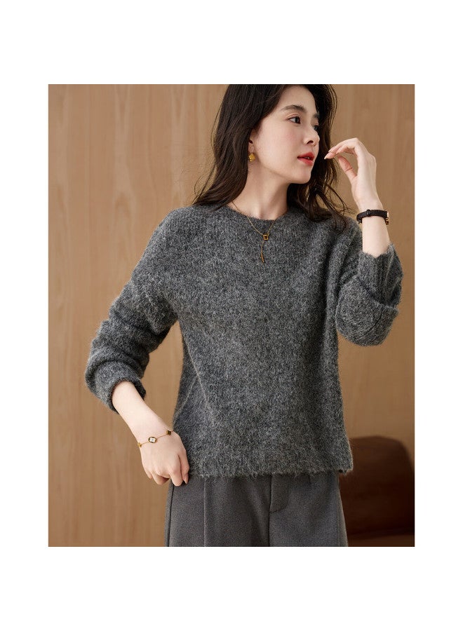 dme Demana Luxury Alpaca Wool Blend Winter Lazy Style Long Hair Crew Neck Soft Elegant Knit Sweater For Women - Image 2