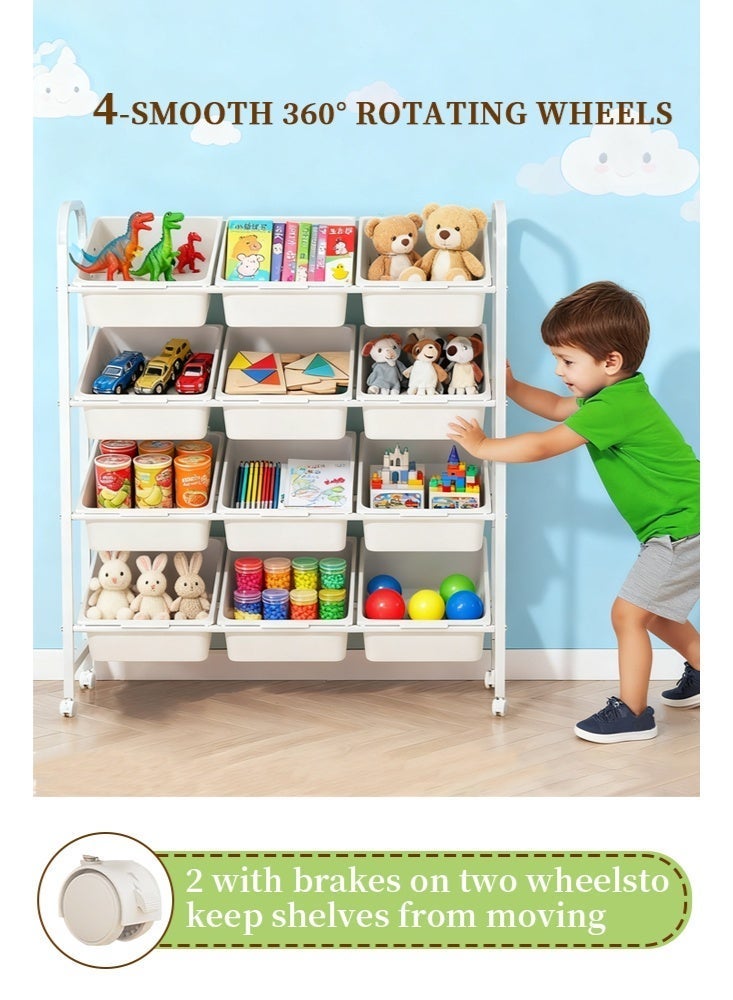 Forthcan Toy Storage Rack, Heavy Duty Anti-Tip, Independent Storage Bins with 45° Tilt Design for Easy Access, Cream White, 3 Rows 4 Layers 12 Bins, High-Quality Carbon Steel Construction - Image 4