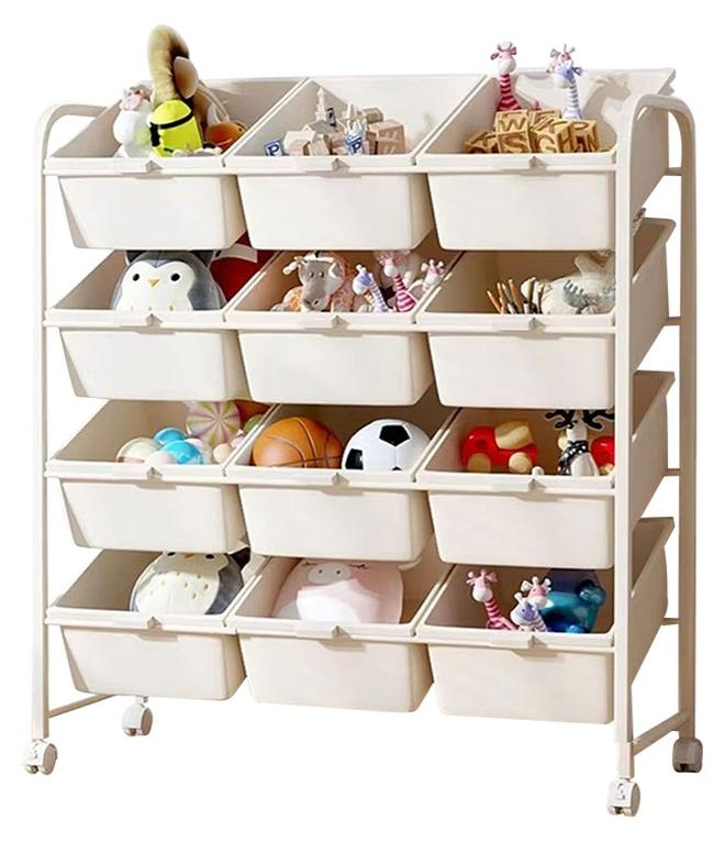 Forthcan Toy Storage Rack, Heavy Duty Anti-Tip, Independent Storage Bins with 45° Tilt Design for Easy Access, Cream White, 3 Rows 4 Layers 12 Bins, High-Quality Carbon Steel Construction - Image 1
