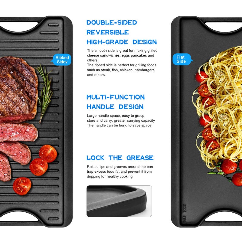 GGC Cast Iron Reversible Griddle, 2-in-1 Griddle Pan for Gas Stove Tops, Gas Grills and Camping, 20 x 10.5 Flat and Ribbed Griddle Plate for Indoor and Outdoor Cooking - Image 3