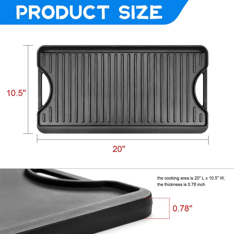 GGC Cast Iron Reversible Griddle, 2-in-1 Griddle Pan for Gas Stove Tops, Gas Grills and Camping, 20 x 10.5 Flat and Ribbed Griddle Plate for Indoor and Outdoor Cooking - Image 2