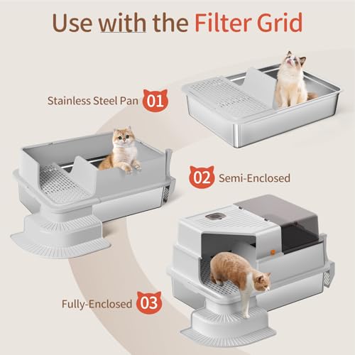Bartuke XXXL Stainless Steel Litter Box, 28"x20"x18" Extra Large Fully Enclosed High Sided Metal Cat Litter Box with Filtered Grid, Step, Scoop, Non-Sticky, Non-Odor, Easy Cleaning (Light Gray) - Image 5