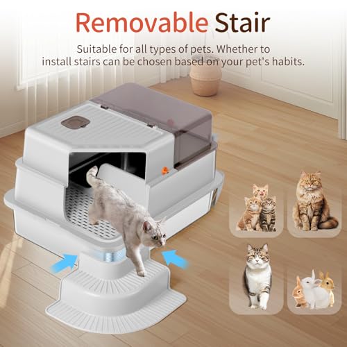 Bartuke XXXL Stainless Steel Litter Box, 28"x20"x18" Extra Large Fully Enclosed High Sided Metal Cat Litter Box with Filtered Grid, Step, Scoop, Non-Sticky, Non-Odor, Easy Cleaning (Light Gray) - Image 4