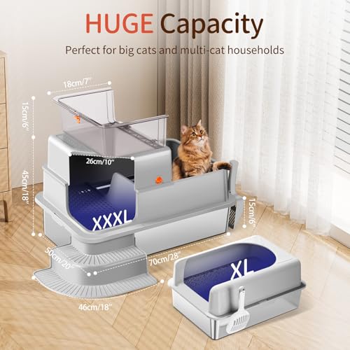 Bartuke XXXL Stainless Steel Litter Box, 28"x20"x18" Extra Large Fully Enclosed High Sided Metal Cat Litter Box with Filtered Grid, Step, Scoop, Non-Sticky, Non-Odor, Easy Cleaning (Light Gray) - Image 2