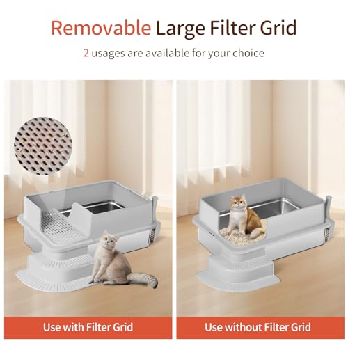 Bartuke XXXL Stainless Steel Litter Box, 28"x20"x18" Extra Large Fully Enclosed High Sided Metal Cat Litter Box with Filtered Grid, Step, Scoop, Non-Sticky, Non-Odor, Easy Cleaning (Light Gray) - Image 3