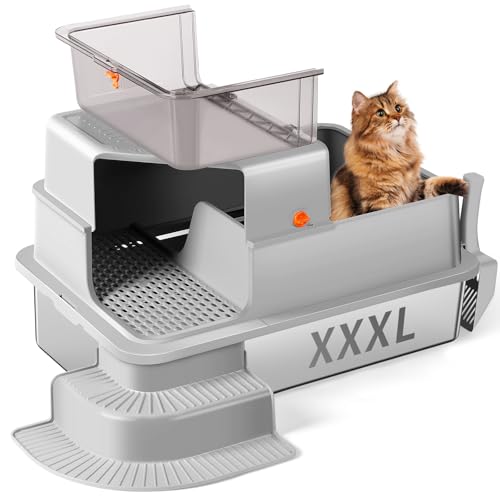 Bartuke XXXL Stainless Steel Litter Box, 28"x20"x18" Extra Large Fully Enclosed High Sided Metal Cat Litter Box with Filtered Grid, Step, Scoop, Non-Sticky, Non-Odor, Easy Cleaning (Light Gray) - Image 1