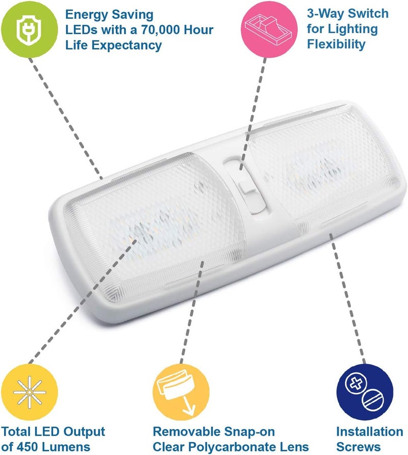 Lumitronics Designer Double LED RV Dome Light with 3-Way Switch and Removable Lenses - Image 2