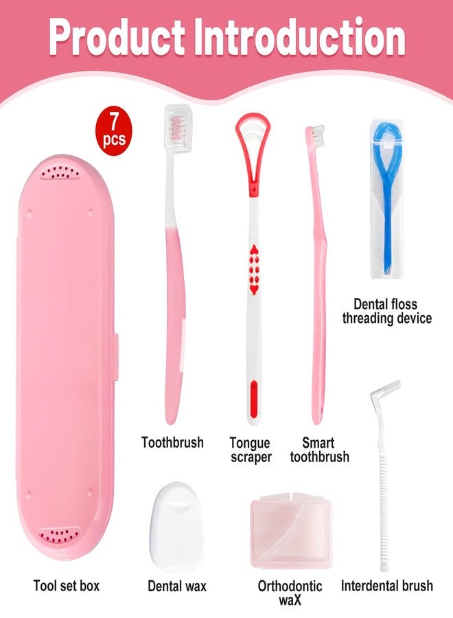 Ceonam 7-in-1 Travel Oral Care Kit with Case - Toothbrush, Tongue Scraper, Wisdom Toothbrush, Dental Floss, Floss Threaders, Interdental Brush, Dental Wax, Portable Hygiene Set for Daily Use Travel (Pink) - Image 2