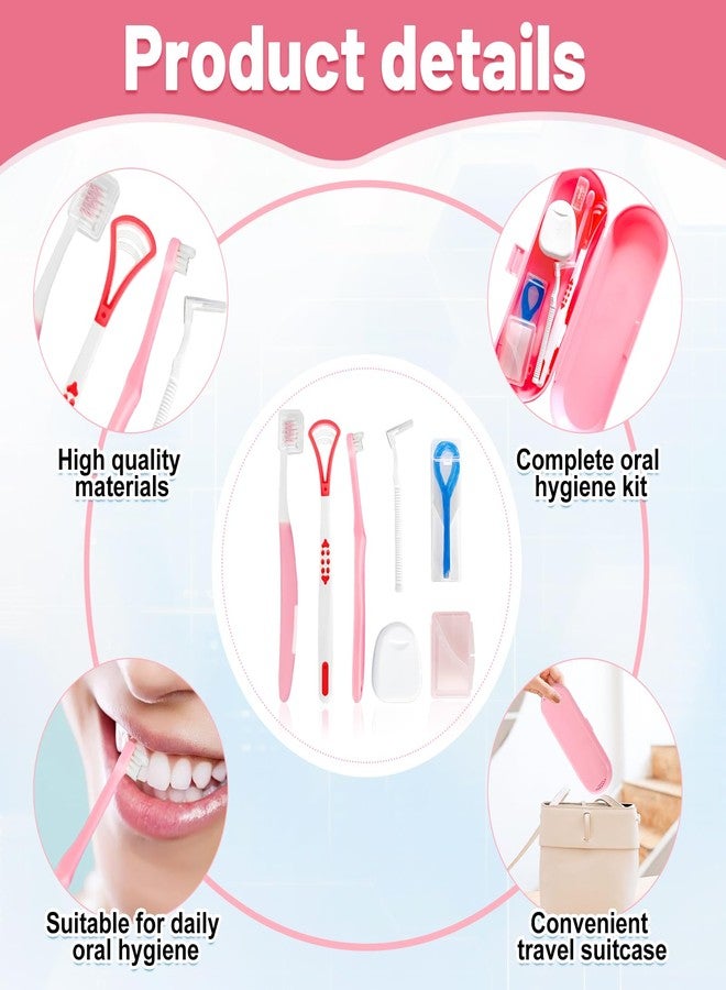 Ceonam 7-in-1 Travel Oral Care Kit with Case - Toothbrush, Tongue Scraper, Wisdom Toothbrush, Dental Floss, Floss Threaders, Interdental Brush, Dental Wax, Portable Hygiene Set for Daily Use Travel (Pink) - Image 3