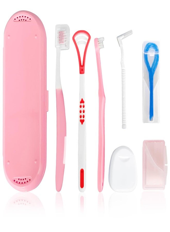 Ceonam 7-in-1 Travel Oral Care Kit with Case - Toothbrush, Tongue Scraper, Wisdom Toothbrush, Dental Floss, Floss Threaders, Interdental Brush, Dental Wax, Portable Hygiene Set for Daily Use Travel (Pink) - Image 1