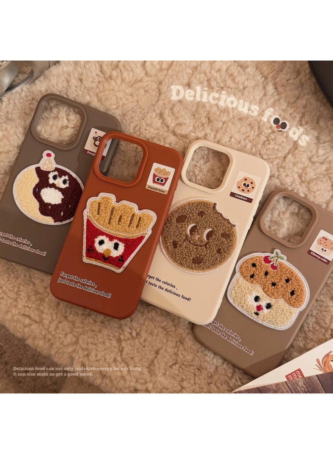 Ins Plush Gourmet French Fries For 15pro Max Apple 16 Mobile Phone Case Stereo Iphone14 Soft 13-generation Hair-Color:Milk Tea Brown Towel Embroidered Cake Stickers-Applicable Models:11 - Image 3