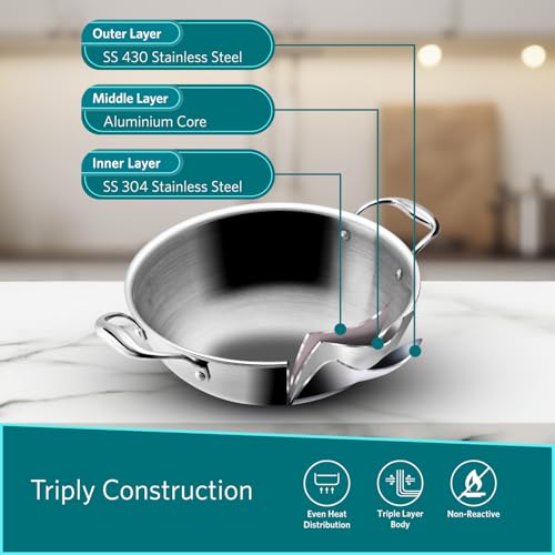 VAYA Hautechef Triply Stainless Steel Kadhai with Glass Lid, 28cm, 4.5L, Induction & Gastop Compatible, Heavy-Bottom Kadhai for Deep Frying & Cooking, 100% Pure & Toxin-Free - Image 2