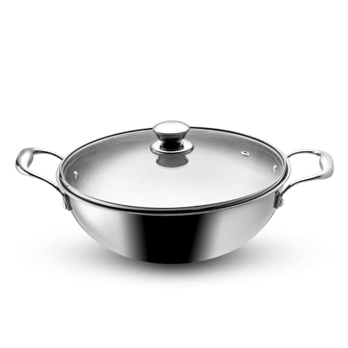 VAYA Hautechef Triply Stainless Steel Kadhai with Glass Lid, 28cm, 4.5L, Induction & Gastop Compatible, Heavy-Bottom Kadhai for Deep Frying & Cooking, 100% Pure & Toxin-Free - Image 1