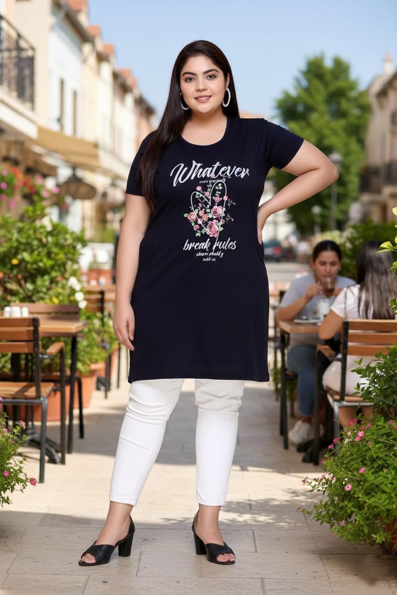 In Love Cotton Blend Women's Longline Plus Size Side Slits Side Pocket Front Print Modern Fit T Shirt Dark Blue5Xl - Image 2