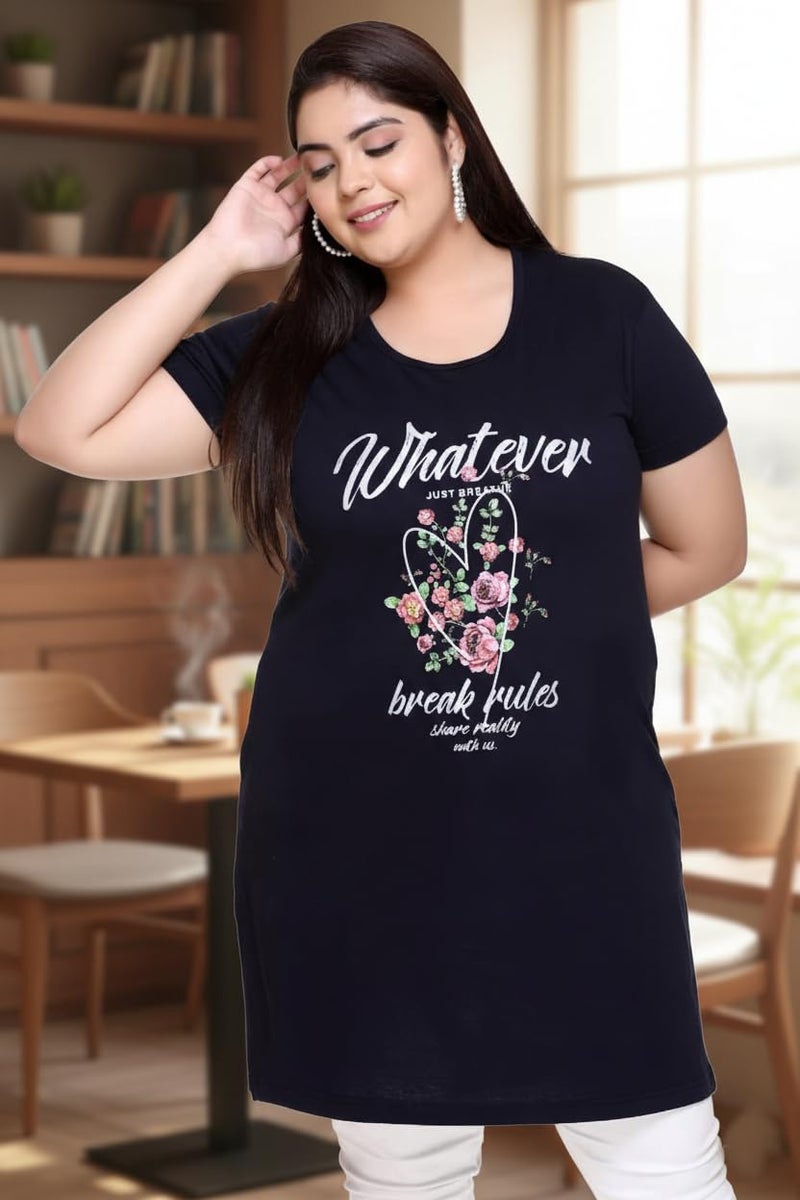 In Love Cotton Blend Women's Longline Plus Size Side Slits Side Pocket Front Print Modern Fit T Shirt Dark Blue5Xl - Image 4