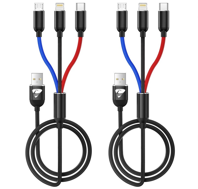 Aioneus كابل شحن متعدد Aioneus، كابل شحن مضفر من النايلون 3 في 1، كابل USB متعدد، كابل شحن سريع مع منفذ Type-C وMicro USB ومنفذ IPh، متوافق مع معظم الهواتف وiPads - Image 1