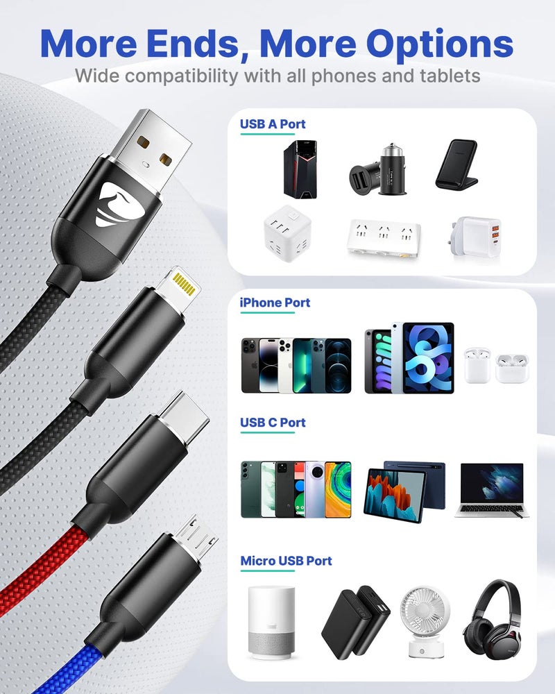 Aioneus كابل شحن متعدد Aioneus، كابل شحن مضفر من النايلون 3 في 1، كابل USB متعدد، كابل شحن سريع مع منفذ Type-C وMicro USB ومنفذ IPh، متوافق مع معظم الهواتف وiPads - Image 3