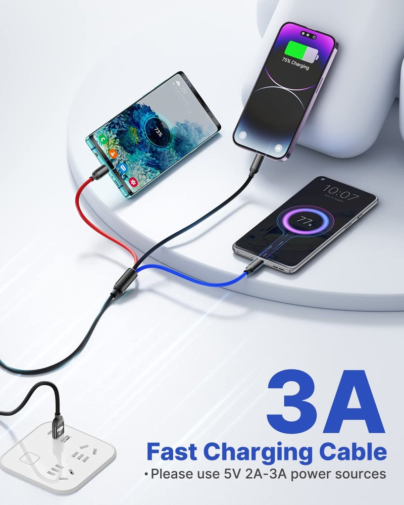 Aioneus كابل شحن متعدد Aioneus، كابل شحن مضفر من النايلون 3 في 1، كابل USB متعدد، كابل شحن سريع مع منفذ Type-C وMicro USB ومنفذ IPh، متوافق مع معظم الهواتف وiPads - Image 2
