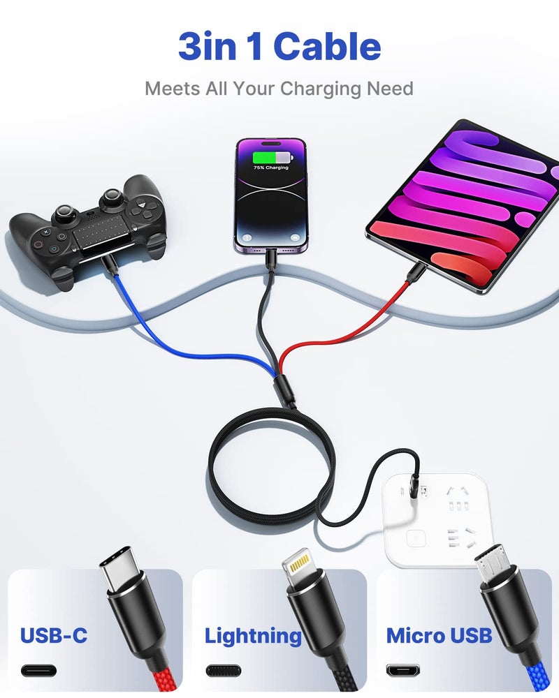 Aioneus كابل شحن متعدد Aioneus، كابل شحن مضفر من النايلون 3 في 1، كابل USB متعدد، كابل شحن سريع مع منفذ Type-C وMicro USB ومنفذ IPh، متوافق مع معظم الهواتف وiPads - Image 5
