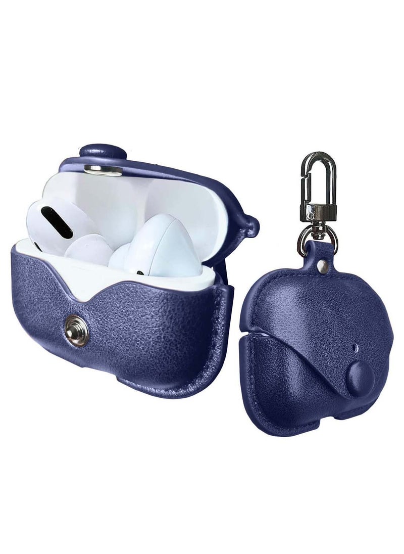 Wtech - Apple Airpods 4 Genuine Leather Vintage Portable Shockproof Protective Cover With Loss Prevention Clip - Navy Blue - Image 1