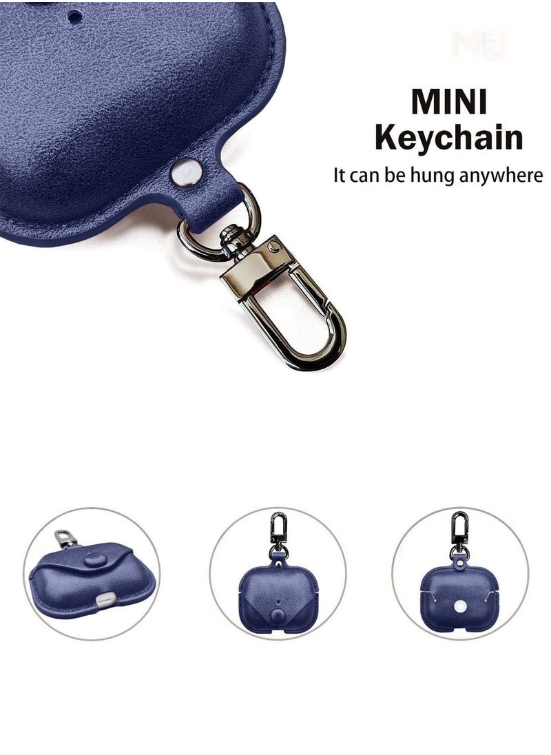 Wtech - Apple Airpods 4 Genuine Leather Vintage Portable Shockproof Protective Cover With Loss Prevention Clip - Navy Blue - Image 1