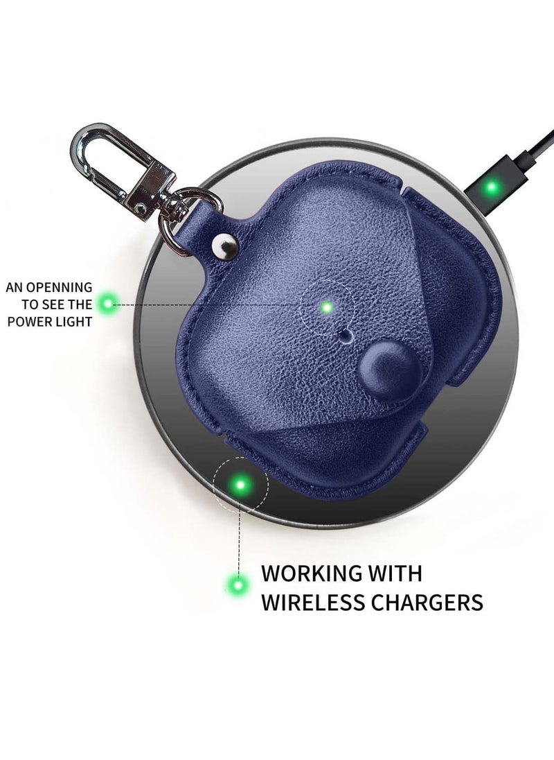 Wtech - Apple Airpods 4 Genuine Leather Vintage Portable Shockproof Protective Cover With Loss Prevention Clip - Navy Blue - Image 1