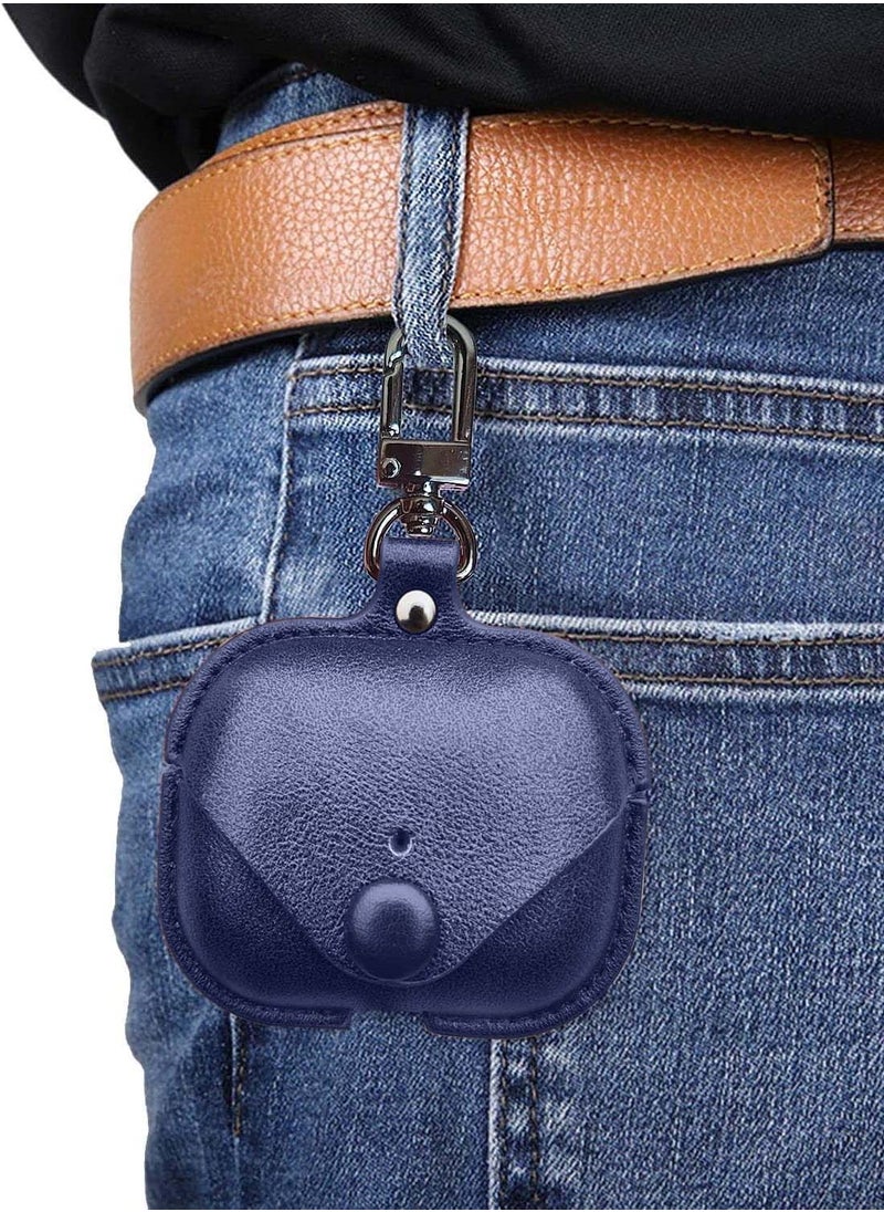 Wtech - Apple Airpods 4 Genuine Leather Vintage Portable Shockproof Protective Cover With Loss Prevention Clip - Navy Blue - Image 1