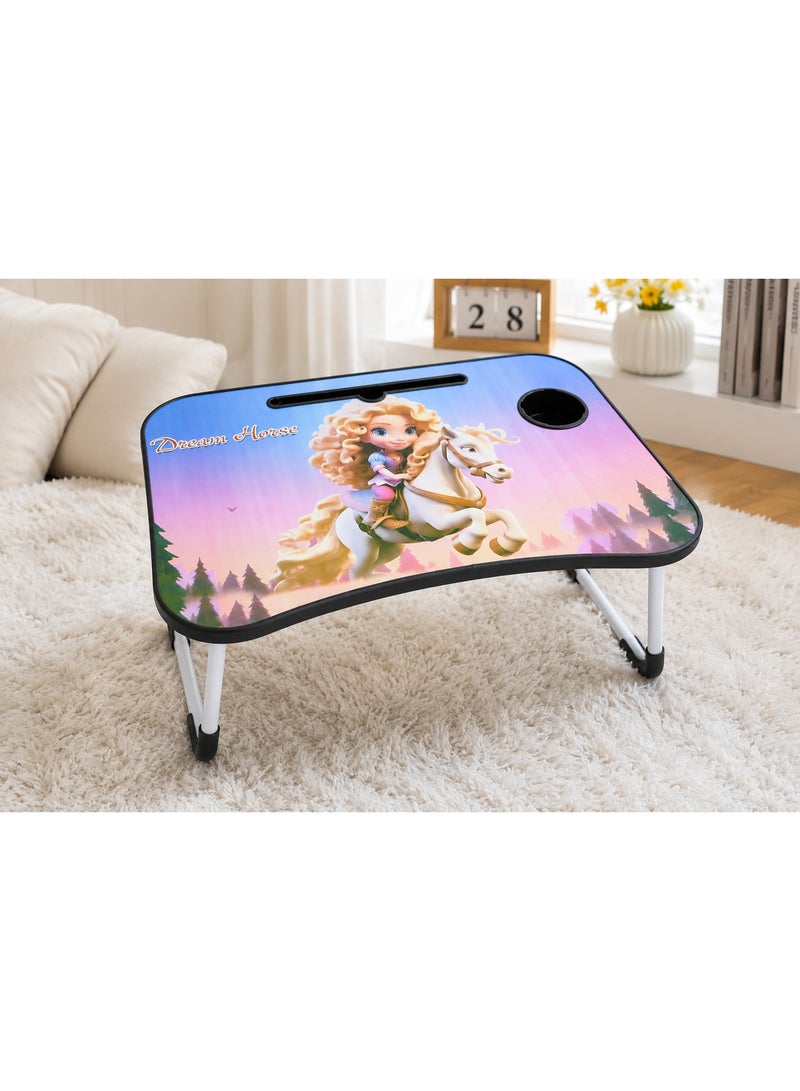 Foldable Laptop Bed Tray Desk with Cup Holder and Tablet Slot, Dream Horse Cartoon Design - Multicolor - Image 2