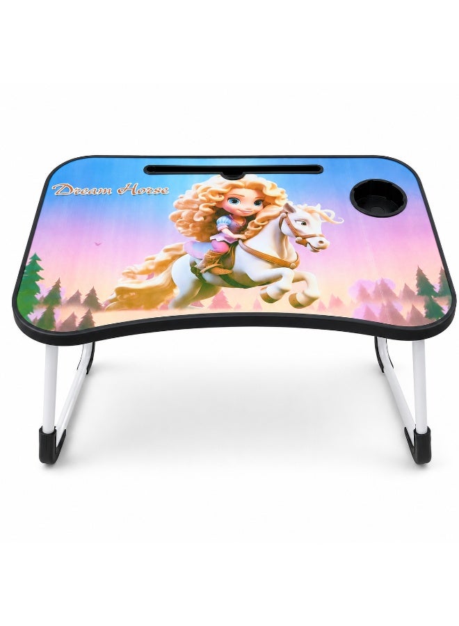 Foldable Laptop Bed Tray Desk with Cup Holder and Tablet Slot, Dream Horse Cartoon Design - Multicolor - Image 1
