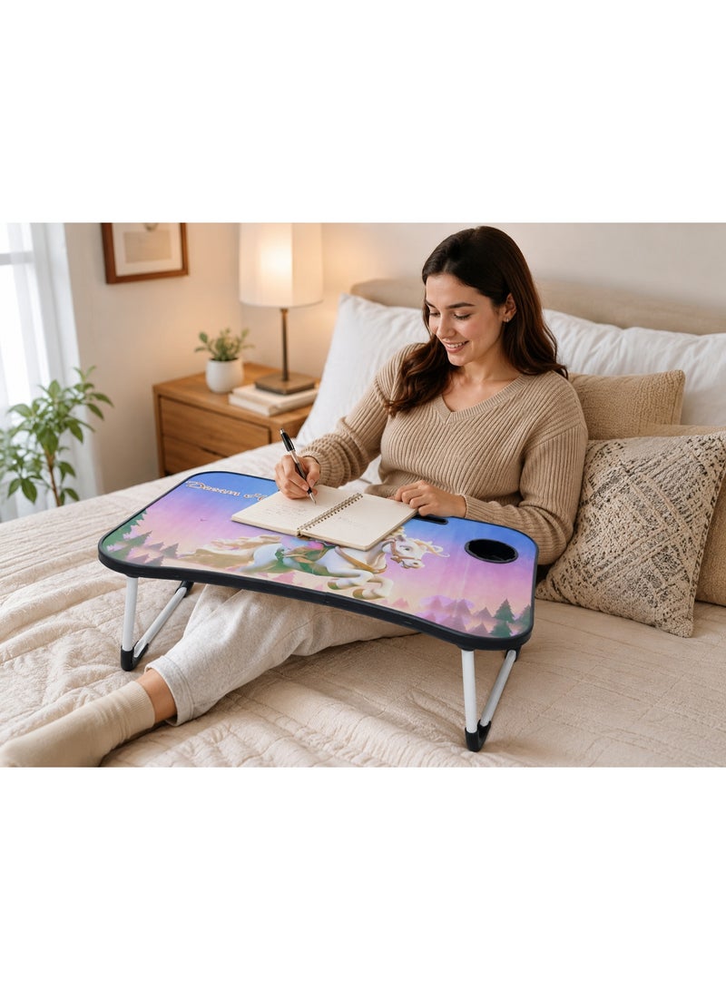 Foldable Laptop Bed Tray Desk with Cup Holder and Tablet Slot, Dream Horse Cartoon Design - Multicolor - Image 4