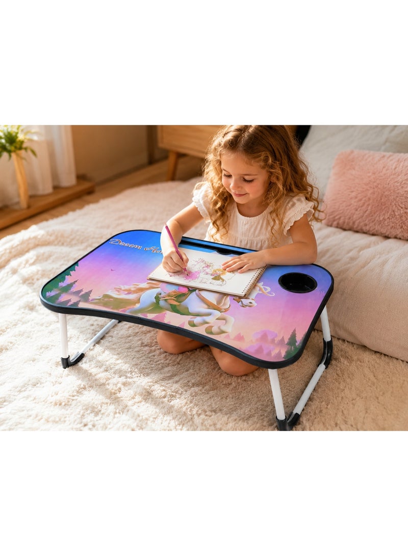 Foldable Laptop Bed Tray Desk with Cup Holder and Tablet Slot, Dream Horse Cartoon Design - Multicolor - Image 3